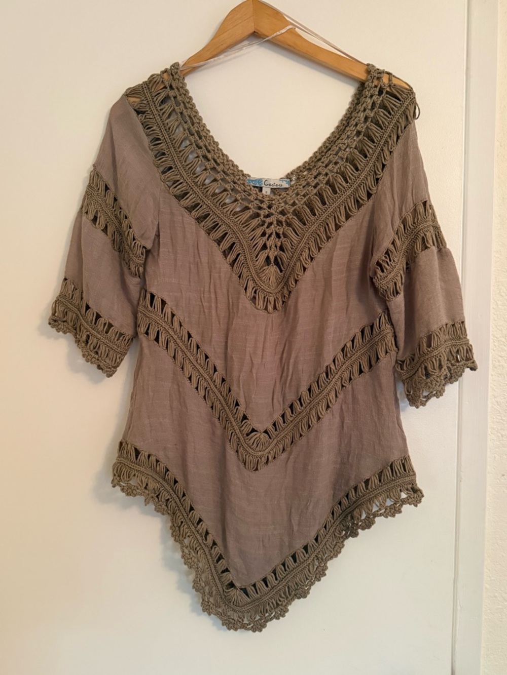 Cecico Taupe Crochet-Trim V-Neck Tunic
